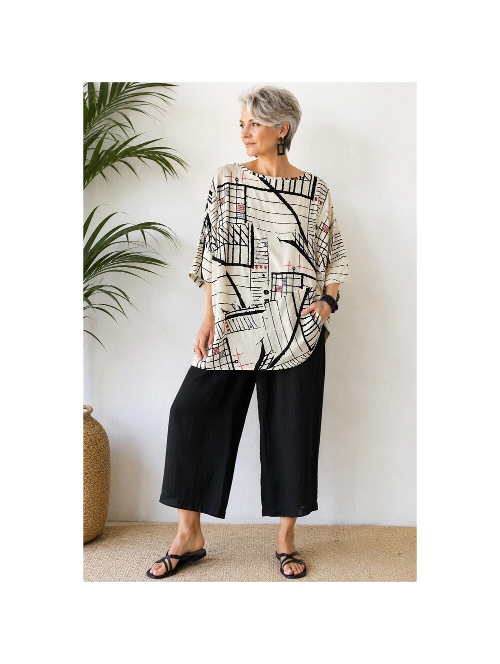 Vintage Y2K 90s Regal Row Womens Tunic Top Sz L Abstract Cream Black Lagenlook